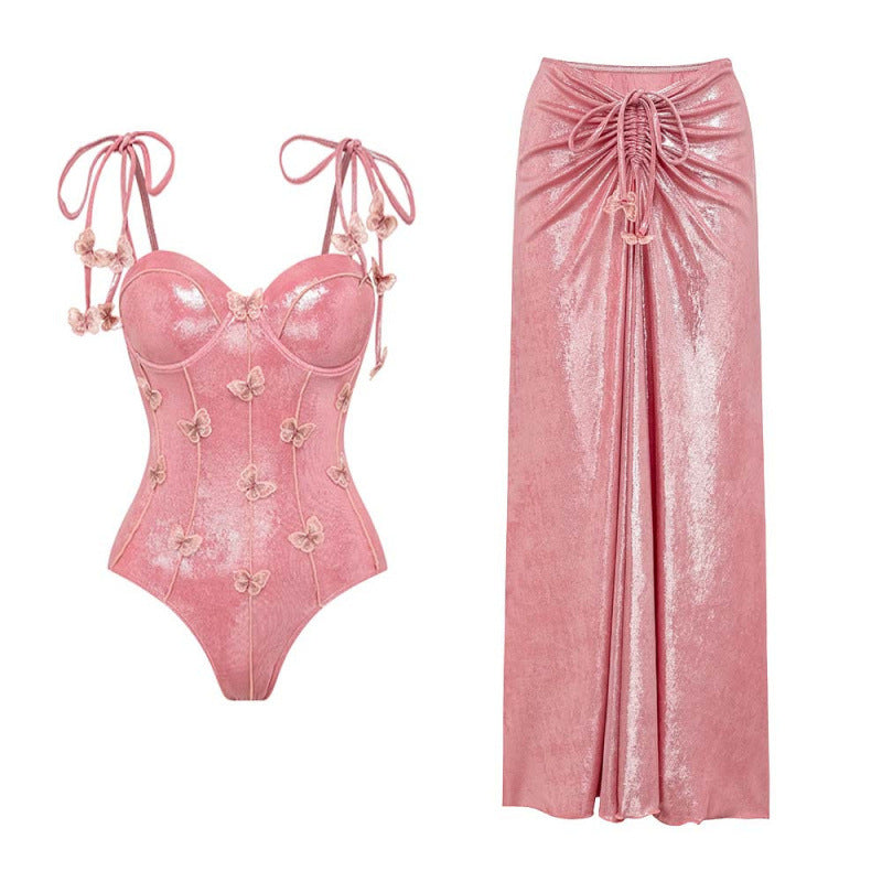 Pink Butterfly Shiny One-Piece Swimsuit Beach Set
