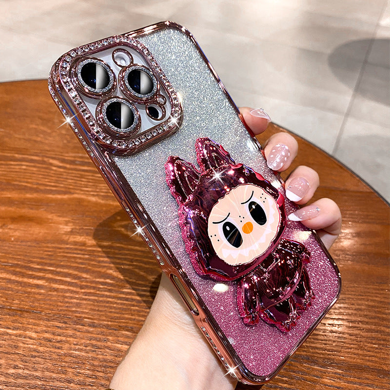 iPhone Cases, Glitter Full Cover Silicone, with Labububu Mirror Stand