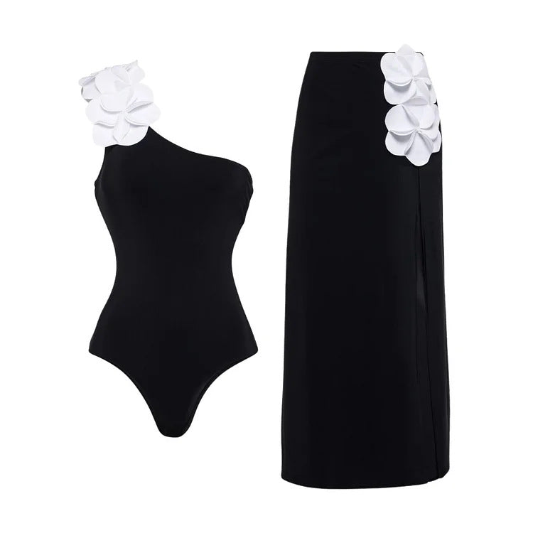 Off-shoulder elegant black and white contrast one-piece swimsuit