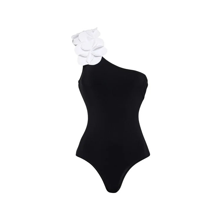 Off-shoulder elegant black and white contrast one-piece swimsuit