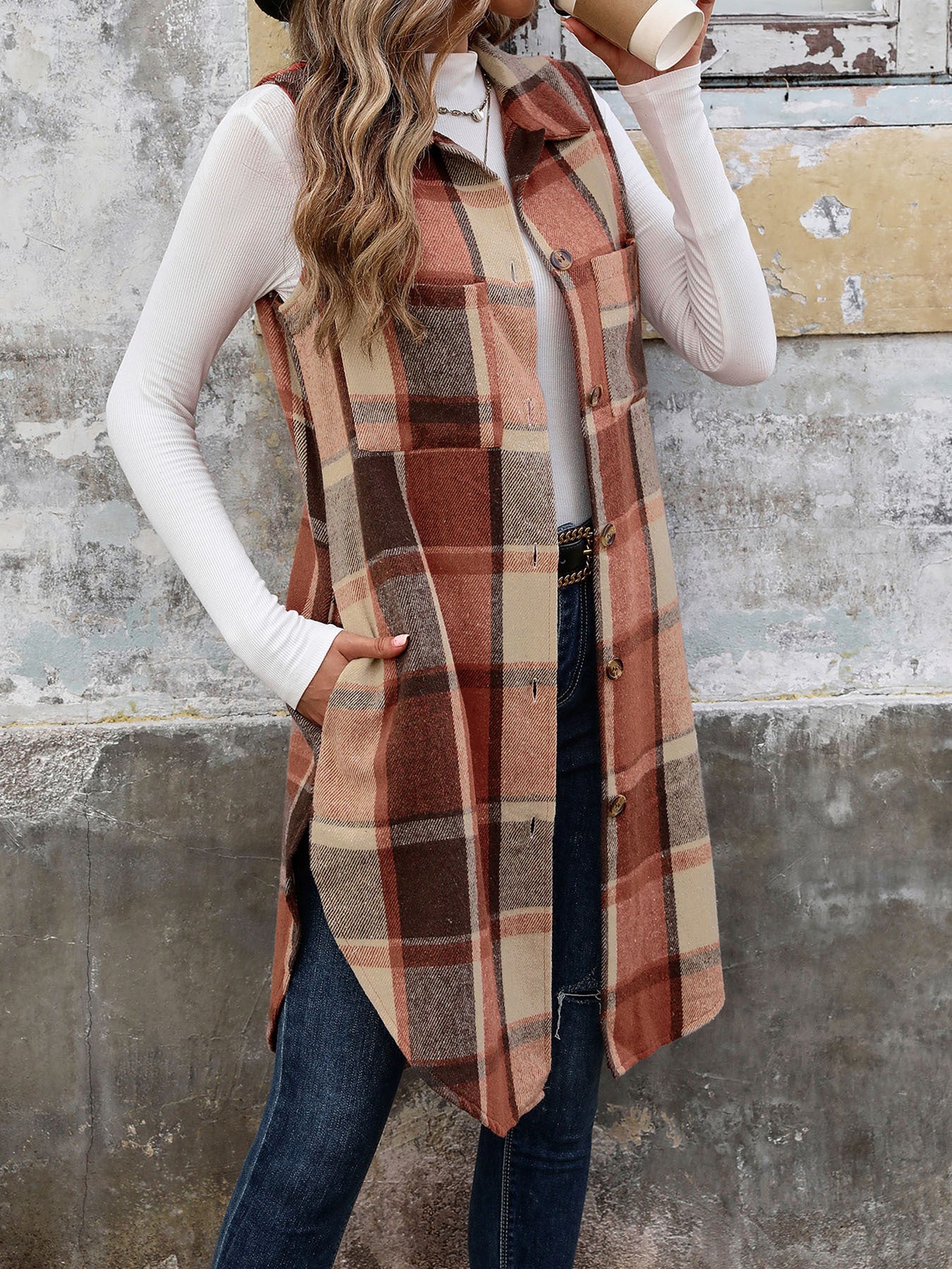 Long Plaid Vest Coat