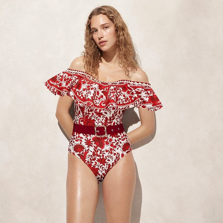 Bandeau Ruffled Red Flower One Piece Swimwear