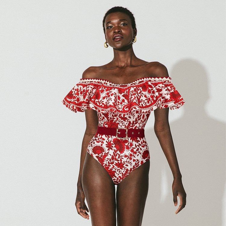 Bandeau Ruffled Red Flower One Piece Swimwear