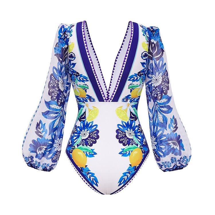 Lemon and Creative Pattern Print One Piece Swimsuit and Skirt