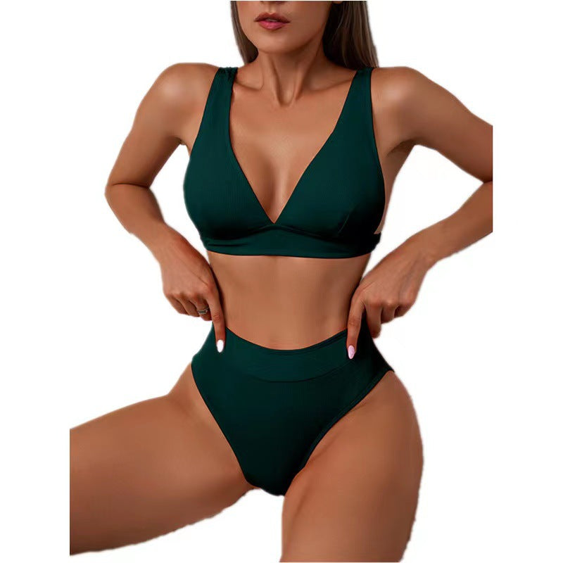 Classic V-neck Solid Color Bikini Set