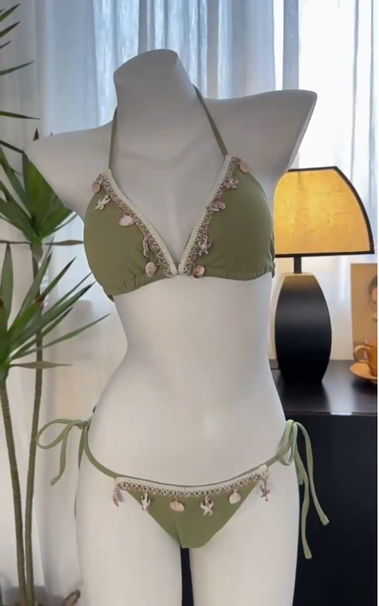 Shell-decorated triangle cup lace-up bikini