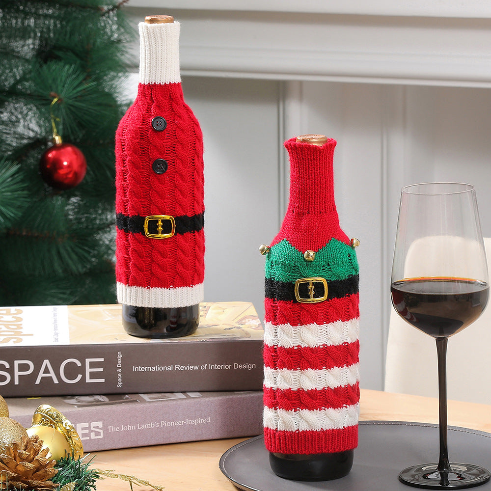 2pcs Christmas striped knitted red wine bottle dress up