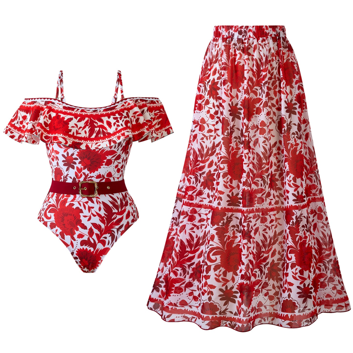 Bandeau Ruffled Red Flower One Piece Swimwear