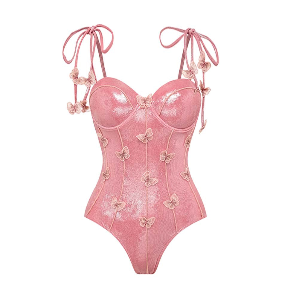 Pink Butterfly Shiny One-Piece Swimsuit Beach Set