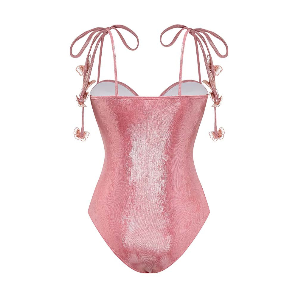 Pink Butterfly Shiny One-Piece Swimsuit Beach Set