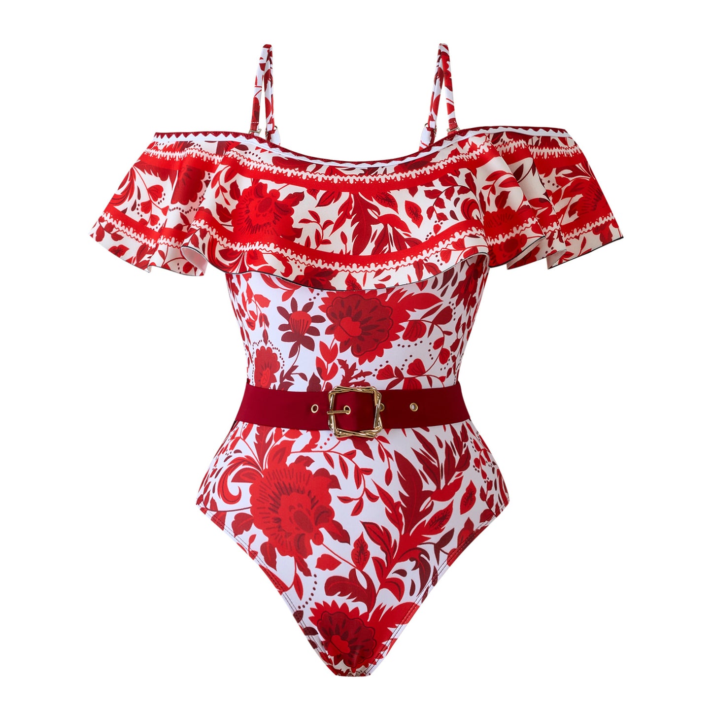 Bandeau Ruffled Red Flower One Piece Swimwear