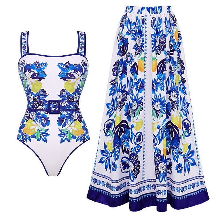 Lemon and Creative Pattern Print One Piece Swimsuit and Skirt