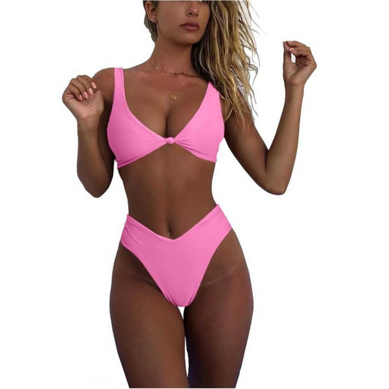 Bikini Set for Women Solid V Neck Knot Front Push Up High Leg Thong Two Piece Swimsuit