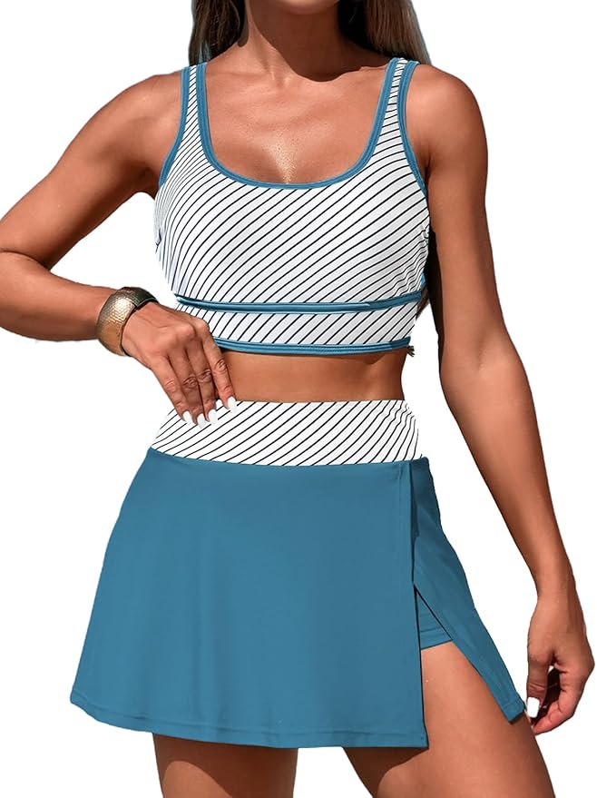 Women's High Waisted Bikini Sets Tummy Control Swim Skirt Two Piece Swim Suit Bathing Suit