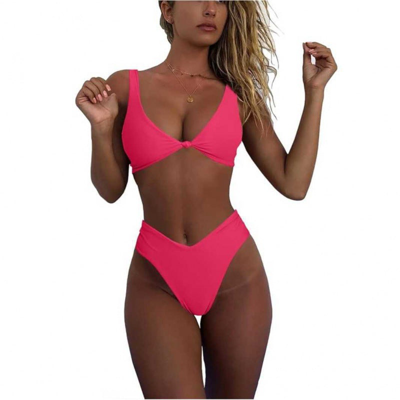 Bikini Set for Women Solid V Neck Knot Front Push Up High Leg Thong Two Piece Swimsuit