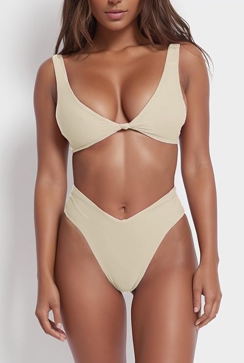 V Neck Knot Front Push Up High Leg Thong Bikini Set