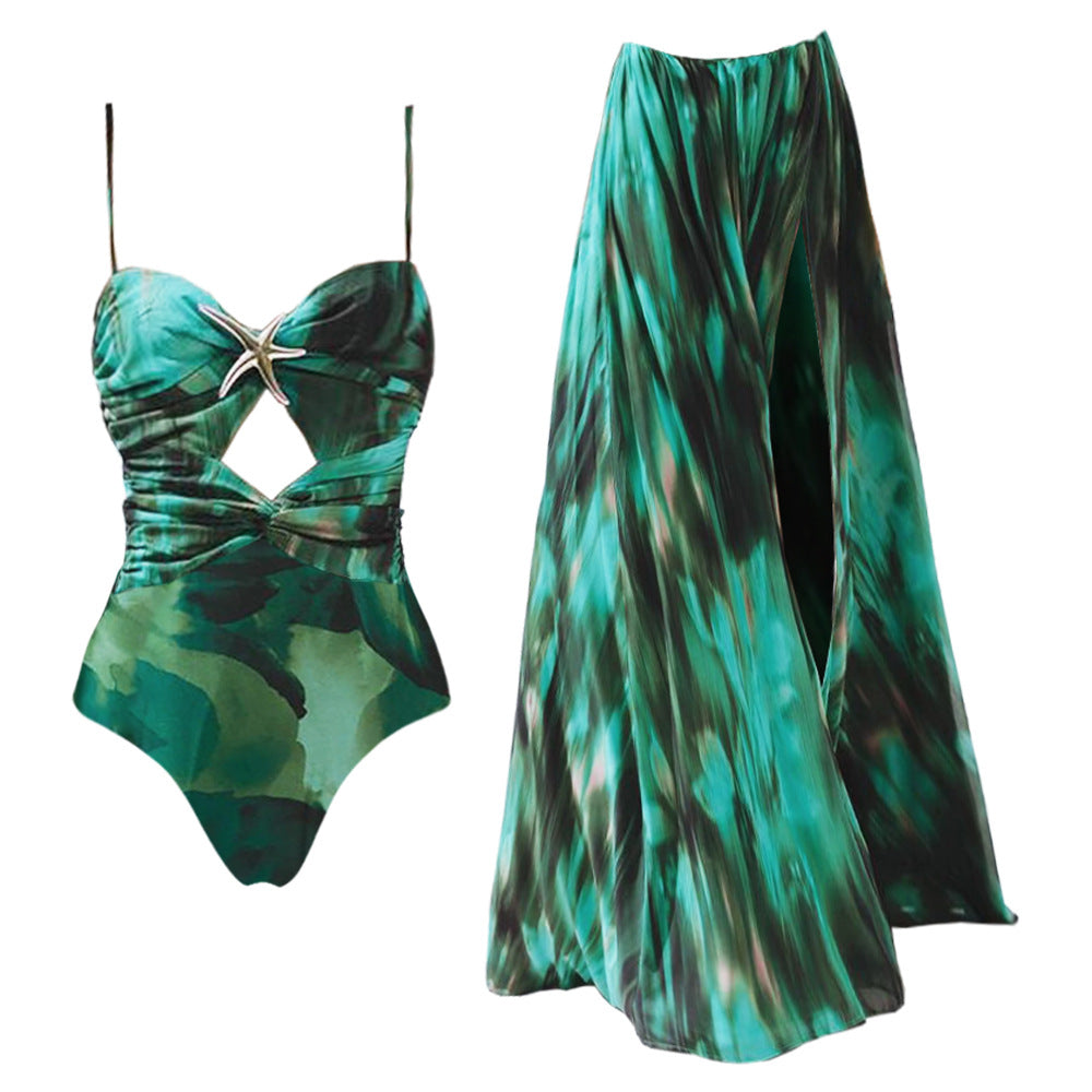 Green Printed Hollow Swimwear