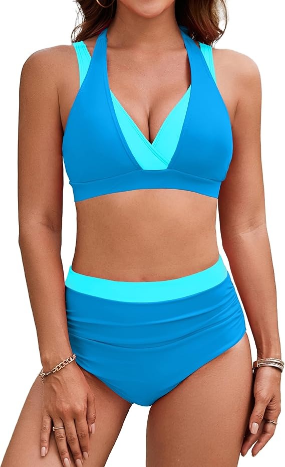(35% OFF) Women's High Waisted Tummy Control Color Block Modest Two Piece Bikini Sets