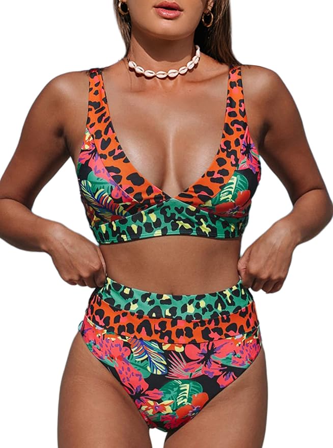 Women's Leopard Bikini Swimsuits V Neck High Waisted 2 Piece Bathing Suits