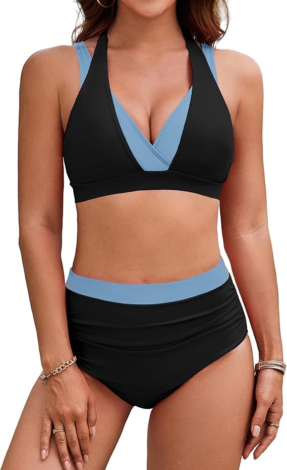 (35% OFF) Women's High Waisted Tummy Control Color Block Modest Two Piece Bikini Sets