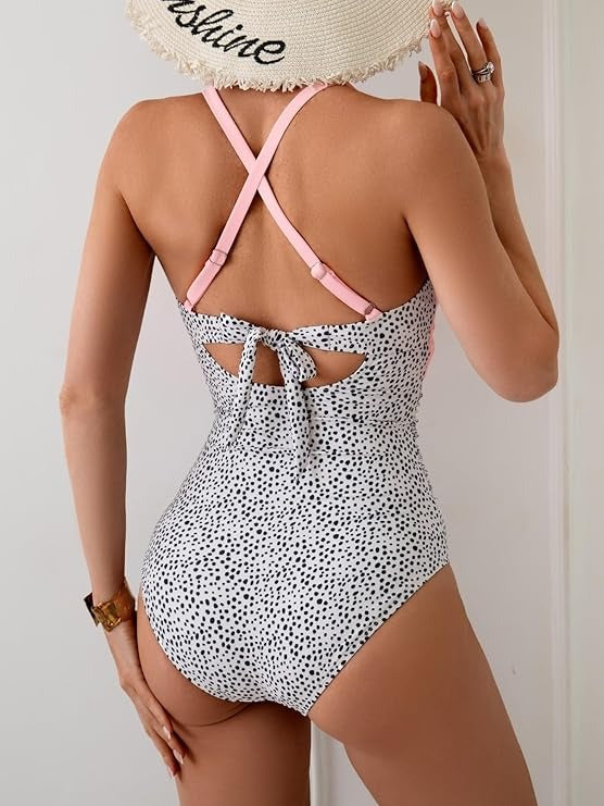 Women's Tummy Control Front Cross Tie Back Slimming V Neck One Piece Swimsuits