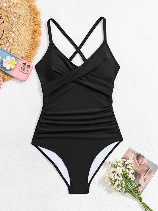 Women's Tummy Control Front Cross Tie Back Slimming V Neck One Piece Swimsuits