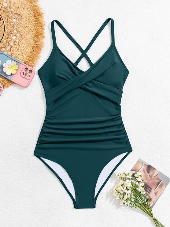 Women's Tummy Control Front Cross Tie Back Slimming V Neck One Piece Swimsuits
