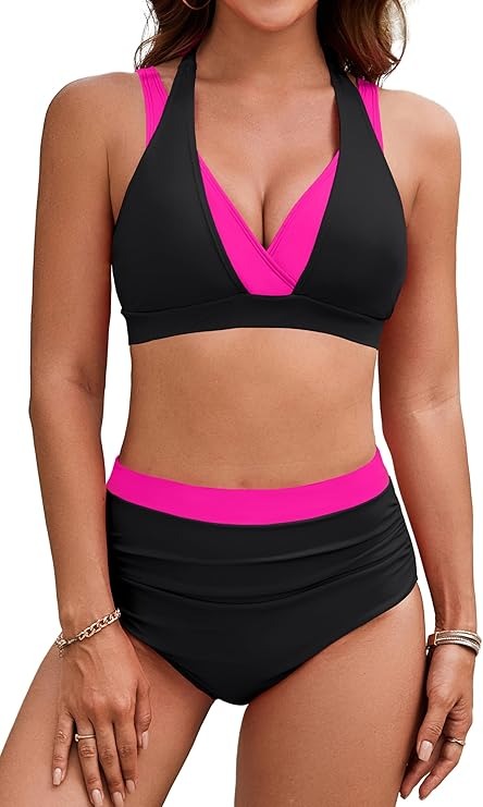 (35% OFF) Women's High Waisted Tummy Control Color Block Modest Two Piece Bikini Sets