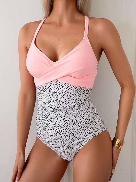 Women's Tummy Control Front Cross Tie Back Slimming V Neck One Piece Swimsuits