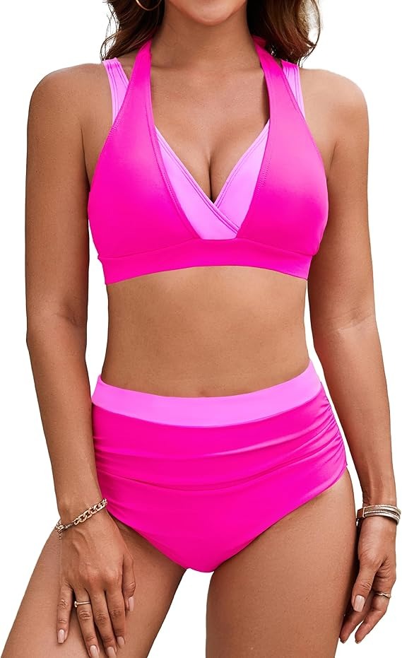 (35% OFF) Women's High Waisted Tummy Control Color Block Modest Two Piece Bikini Sets