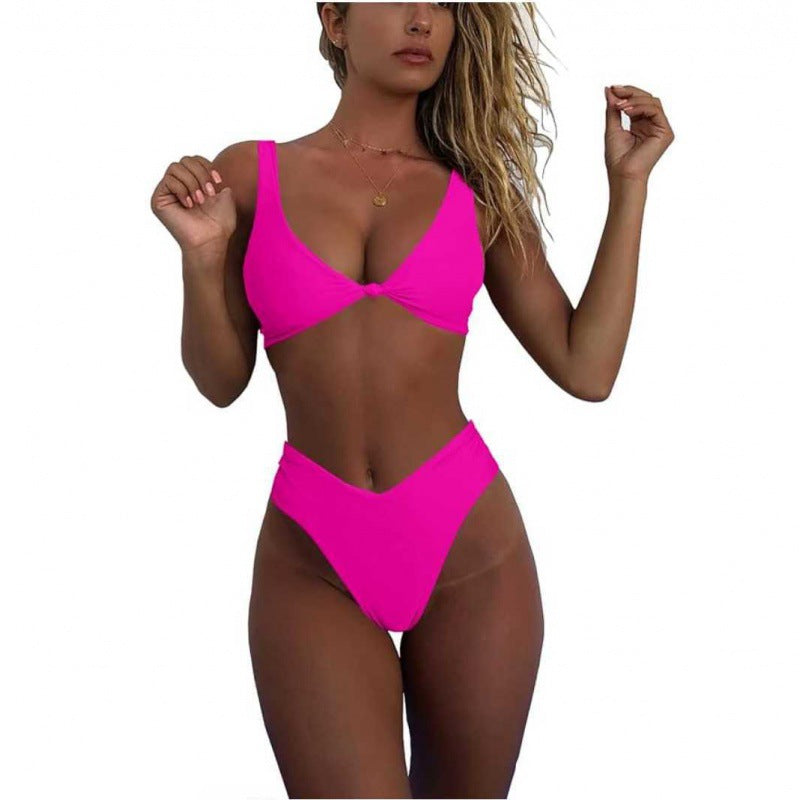 Bikini Set for Women Solid V Neck Knot Front Push Up High Leg Thong Two Piece Swimsuit