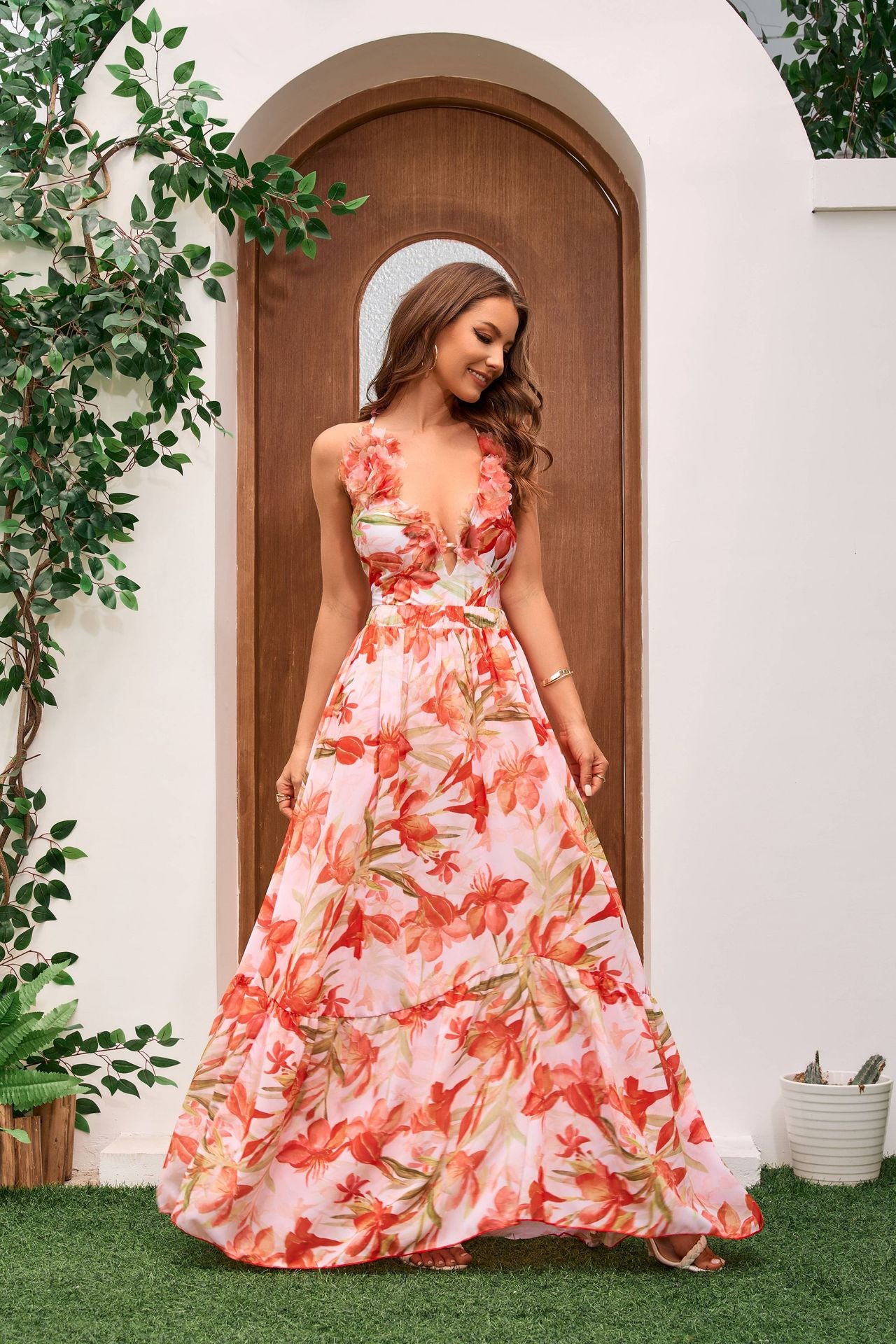 Floral Plunging Flutter Strap Tummy Control One-Piece Swimsuit Set