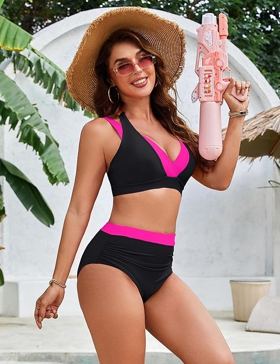 (35% OFF) Women's High Waisted Tummy Control Color Block Modest Two Piece Bikini Sets