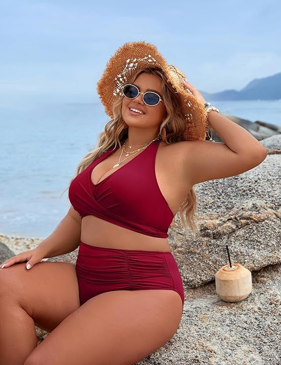 Women's Tummy Control High Waisted Cute Halter Two-Piece Bikini Sets
