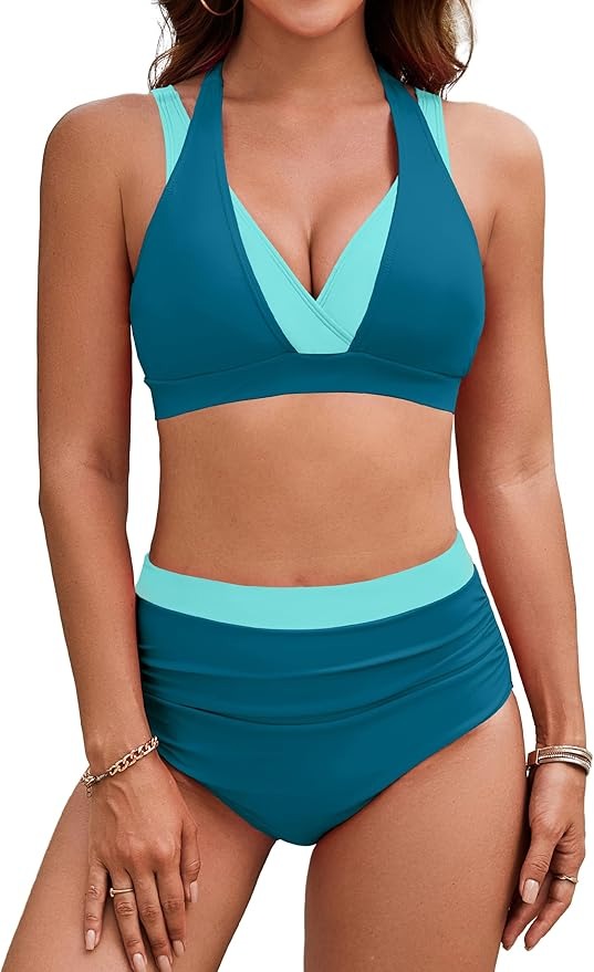 (35% OFF) Women's High Waisted Tummy Control Color Block Modest Two Piece Bikini Sets