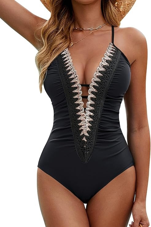 Women's Sexy One-piece Pleated Tummy-control Low-cut Contrast Color Swimsuit