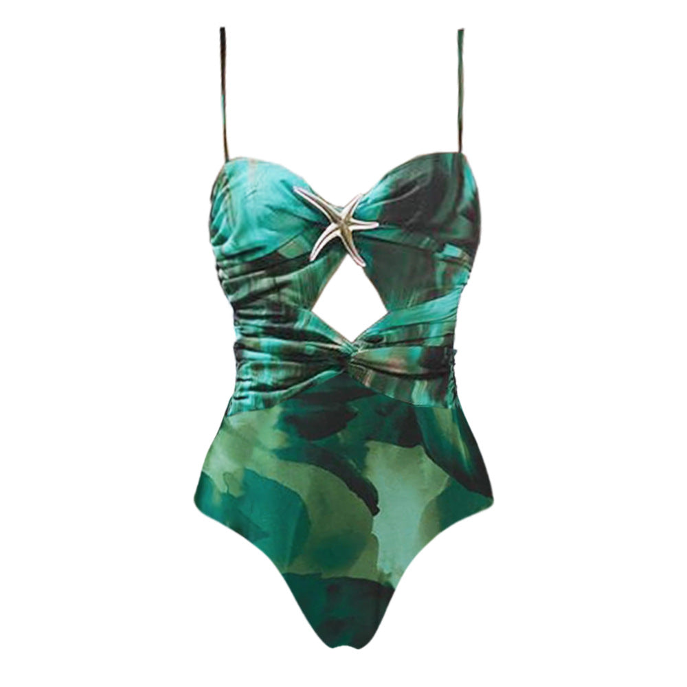 Green Printed Hollow Swimwear