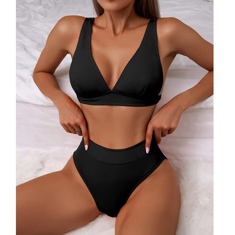 Classic V-neck Solid Color Bikini Set