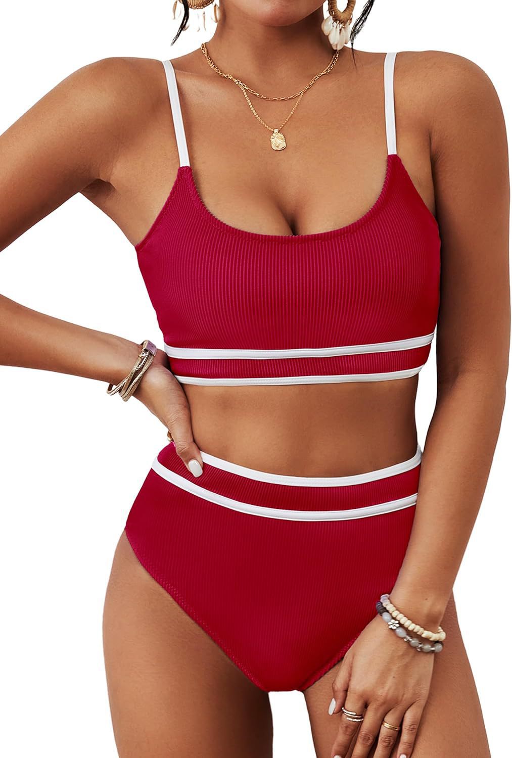 Women's Ribbed High Waisted Bikini High Cut Two Piece Swimsuit