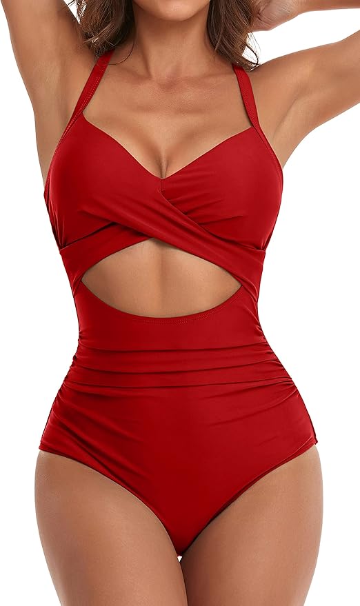 Women's One Piece Swimsuits Tummy Control Cutout High Waisted Bathing Suit Wrap Tie Back 1 Piece Swimsuit