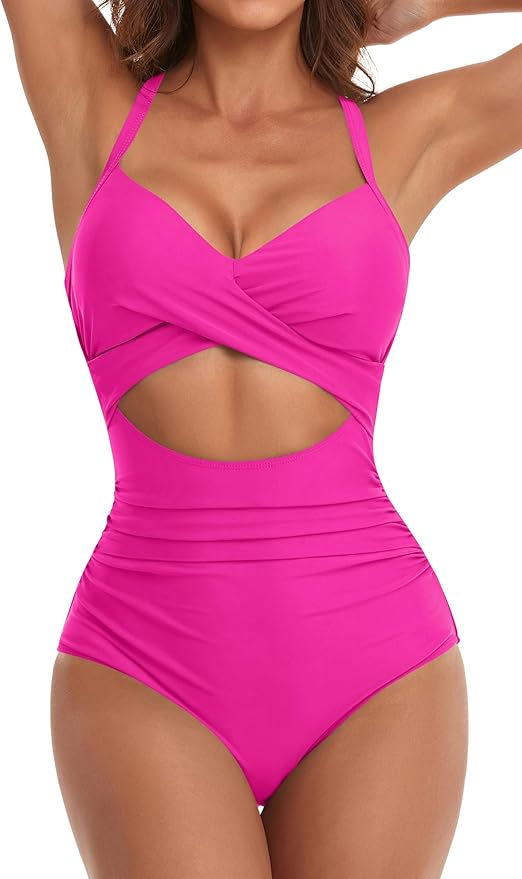 Women's One Piece Swimsuits Tummy Control Cutout High Waisted Bathing Suit Wrap Tie Back 1 Piece Swimsuit