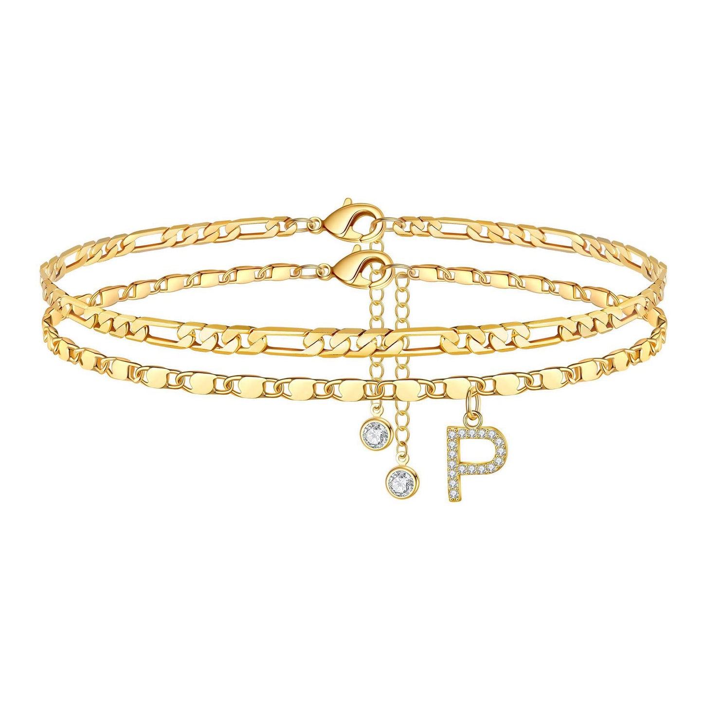 Zircon 26 letters copper plated 14k gold stacking anklet