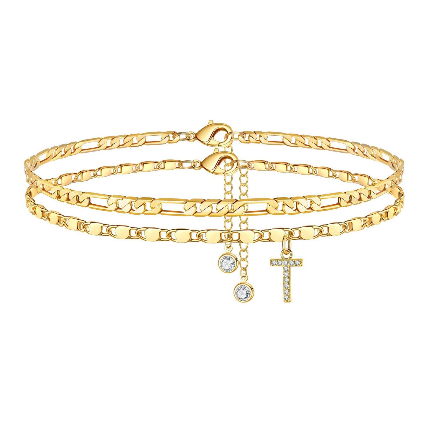 Zircon 26 letters copper plated 14k gold stacking anklet