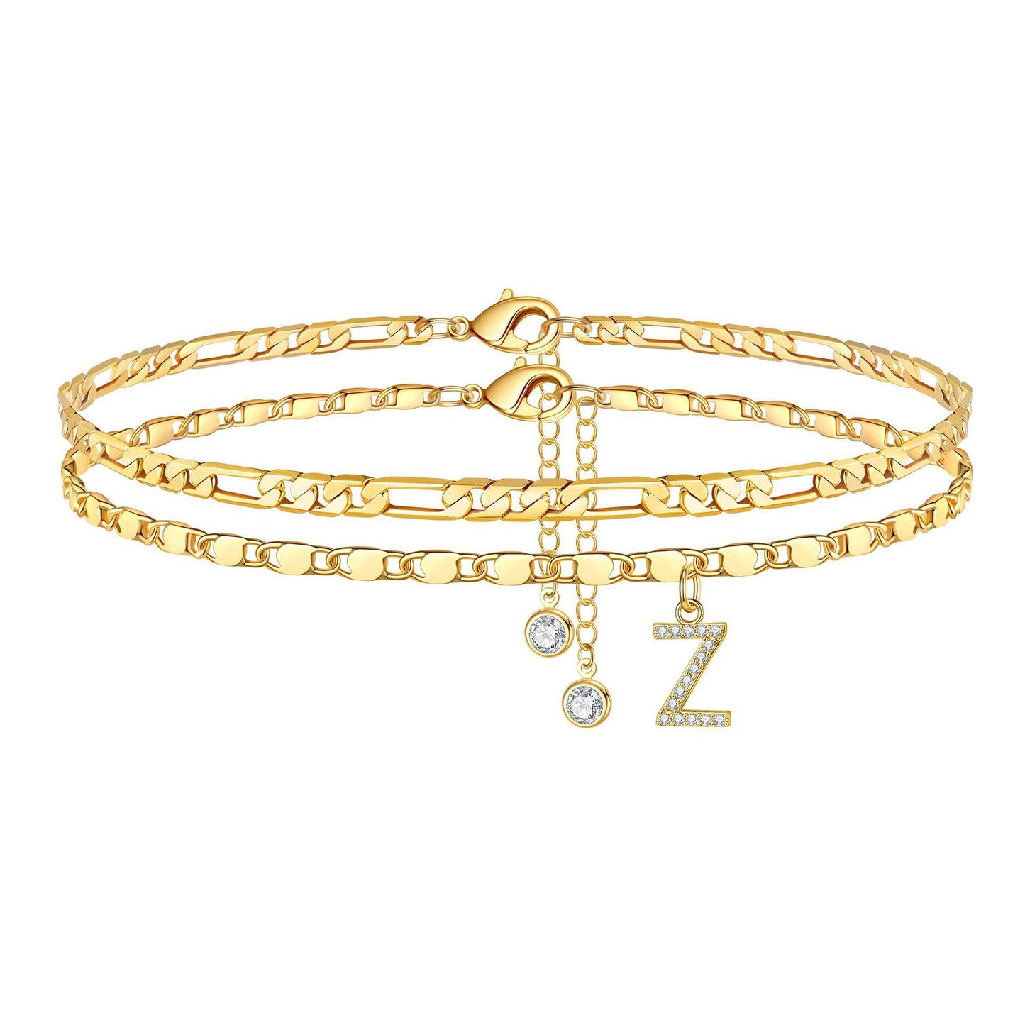 Zircon 26 letters copper plated 14k gold stacking anklet