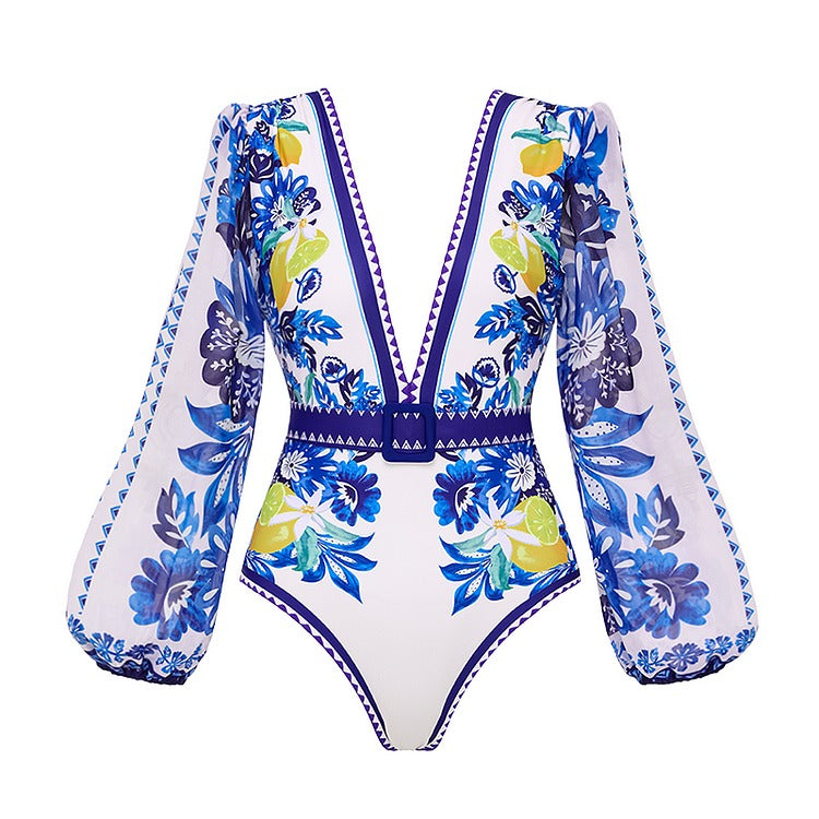 Lemon and Creative Pattern Print One Piece Swimsuit and Skirt