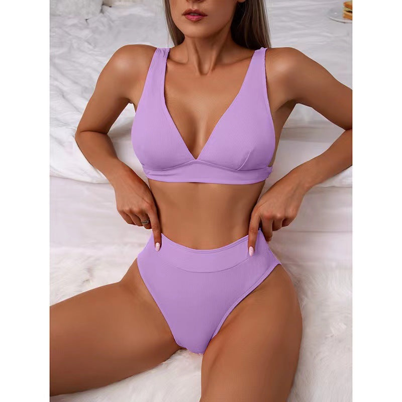 Classic V-neck Solid Color Bikini Set