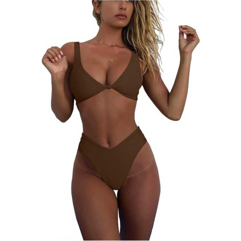 Bikini Set for Women Solid V Neck Knot Front Push Up High Leg Thong Two Piece Swimsuit