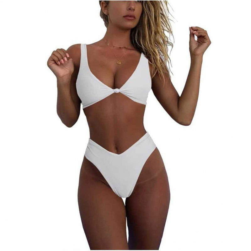 Bikini Set for Women Solid V Neck Knot Front Push Up High Leg Thong Two Piece Swimsuit