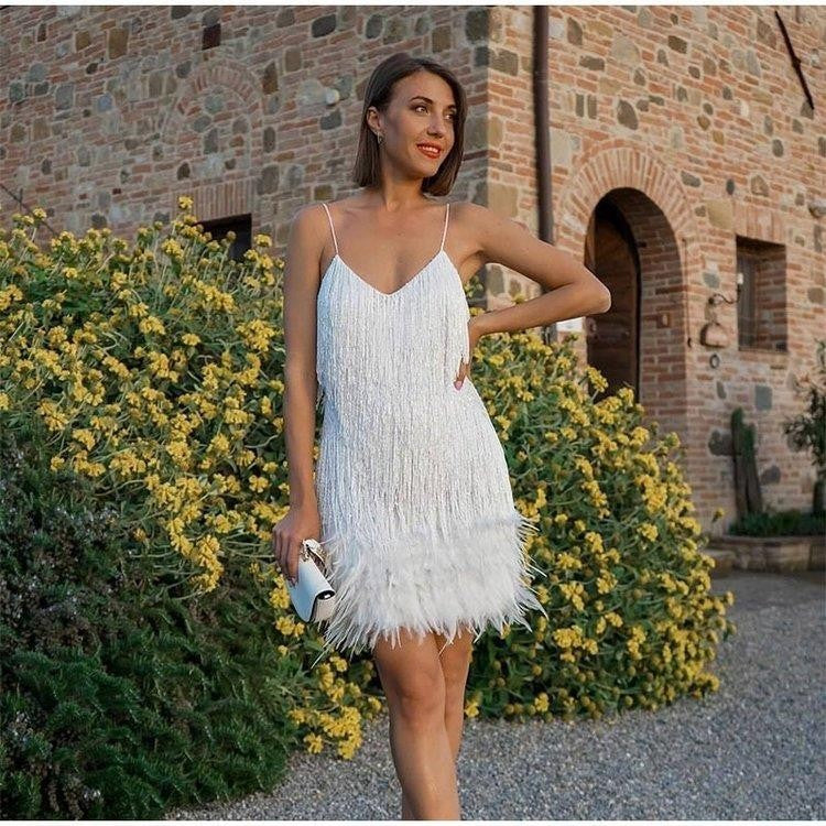 Feather V-Neck Dress for Travel & Parties