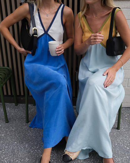 Contrast Color V-neck Cupro silk Swing Dress